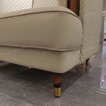 Light Beige Leather Sofa Set with Diamond Quilted Craftsmanship, Natural Wood Veneer & Gold-Tipped Stainless Steel Wooden Legs